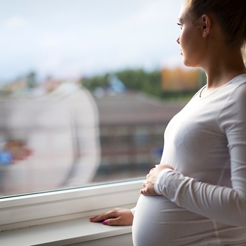 Pregnant woman looking longingly out the window.