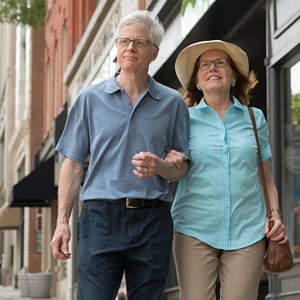Older couple walking along storefronts